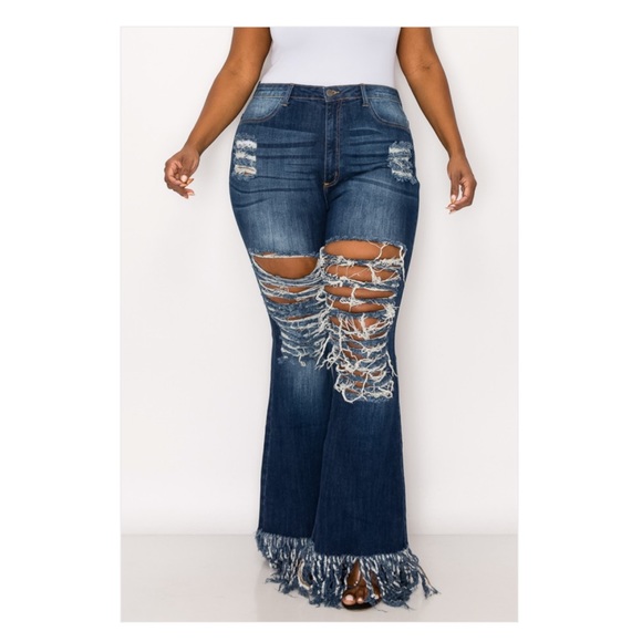 ➕ Distressed Thigh Flare Fringe Hem Jeans - Picture 4 of 7